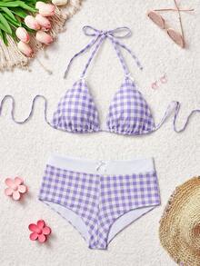 SHEIN MOD 夏季沙滩格子V领露背比基尼套装 - 紫色 - 查看 1