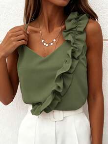 EMERY ROSE Women's Sweet V-Neck Ruffle Trim Sexy Backless Camisole - Army Green - View 4