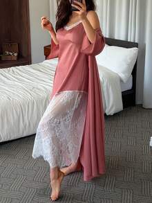 Livesso Women's Solid Color Long Sleeve Robe And Contrast Lace Camisole Dress Elegant Sleepwear Set Pajamas - Pink - View 8