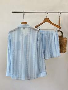 Elamini Women's Blue & White Print Long Sleeve Top And Shorts 2 Pieces Set - Blue - View 2