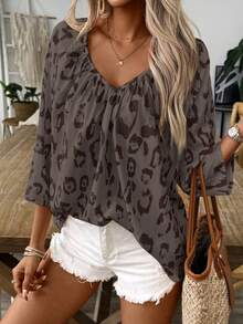 Louniche Women's Leopard Print Bohemian Style V-Neck Ruched Loose Blouse - Multicolor - View 1