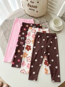 4pcs Baby Girls Light Pink Dark Brown White Floral Autumn Casual Cute Nursery Back-To-School Leggings Set Retro Striped Bow Print Cotton Brunch - Multicolor - View 2