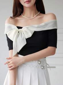 DAZY Women's Off Shoulder Contrast Color Bow Decor Fitted Short Sleeve T-Shirt Cute Tops,Crop Tops Women Going Out Tops - Black and White - View 6