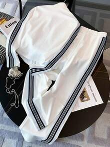 SHEIN Fitted Stand Collar Cardigan + Casual Slant Pocket Pants Set - White - View 2