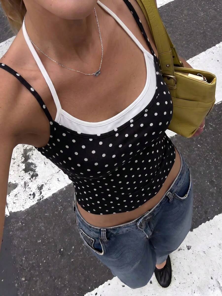 SHEIN BAE 女士夏季休闲日常两件套撞色修身露背吊带背心,适合日常穿着,休闲上衣 - 黑與白 - 查看 1