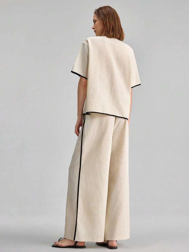 2026SS New Summer Women's 2 Pieces Set, Woven Fabric With Linen Material, Contrast Color Design, Women's Top And Wide-Leg Pants, Comfortable Resort Style, Holiday Outfit