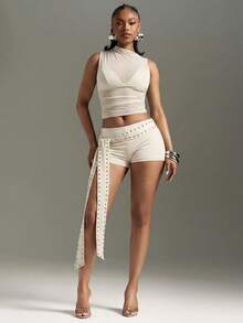 Denimoi Studded Tie Waist Hot Shorts Sexy Shorts Micro Mini Shorts Concert Outfits Vacation Outfits - Beige - View 2