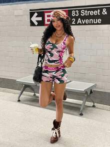 StreetHx 女士时尚迷彩印花背心和短裤两件套 - 彩色 - 查看 4