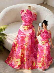 Elenzga Plus Size Women's Vibrant Multi-Color Floral Print Elegant Off-Shoulder Maxi Dress - Pink - View 1