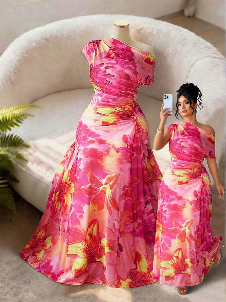 Elenzga Plus Size Women's Vibrant Multi-Color Floral Print Elegant Off-Shoulder Maxi Dress - Pink - View 1