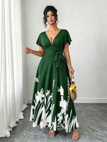 Elenzga Plus Size Women's Dark Green V-Neck Bowknot Waist A-Line Dress,Printed Patchwork Ruffled Hem Summer Elegant Tea Party Dress For Daily,Vacation,Work - Multicolor - View 5