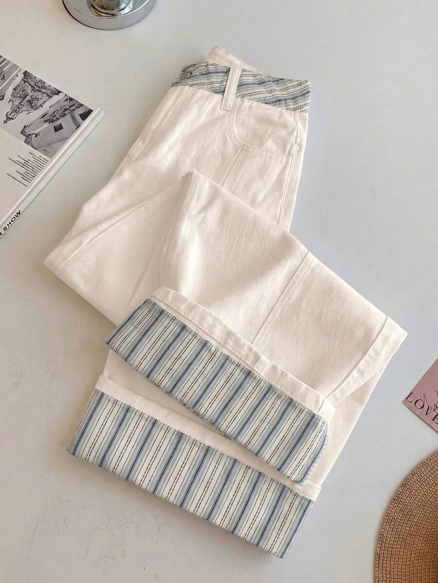 GlowEve Quần jeans nữ thường ngày có túi và nút - Màu be - Xem 1