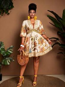 Maweii Vestido plus size de verão com estampa floral, decote em V profundo, cintura marcada e mangas bufantes. - Multicolorido - Ver 3