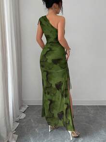 Rafferiza Women's Elegant Asymmetric Shoulder Ruched Tie Dye Mesh Drawstring Split Dress - Green - View 2