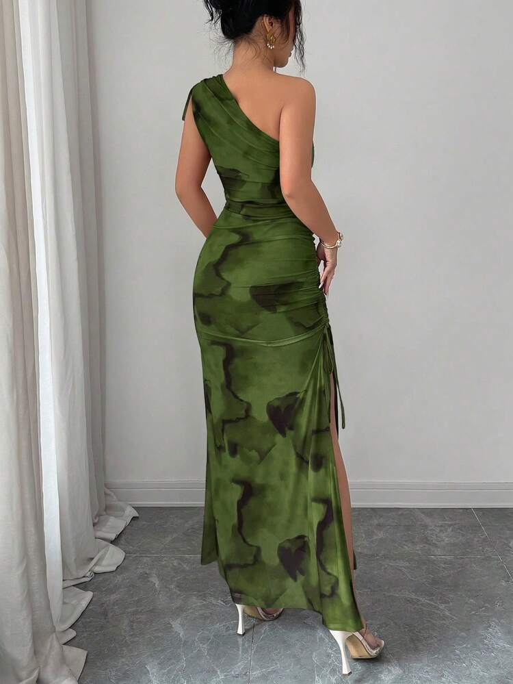 Vestido de mujer elegante con hombro asimétrico, fruncido, efecto tie-dye, malla y cordón de ajuste con abertura lateral - Verde - Añade 5