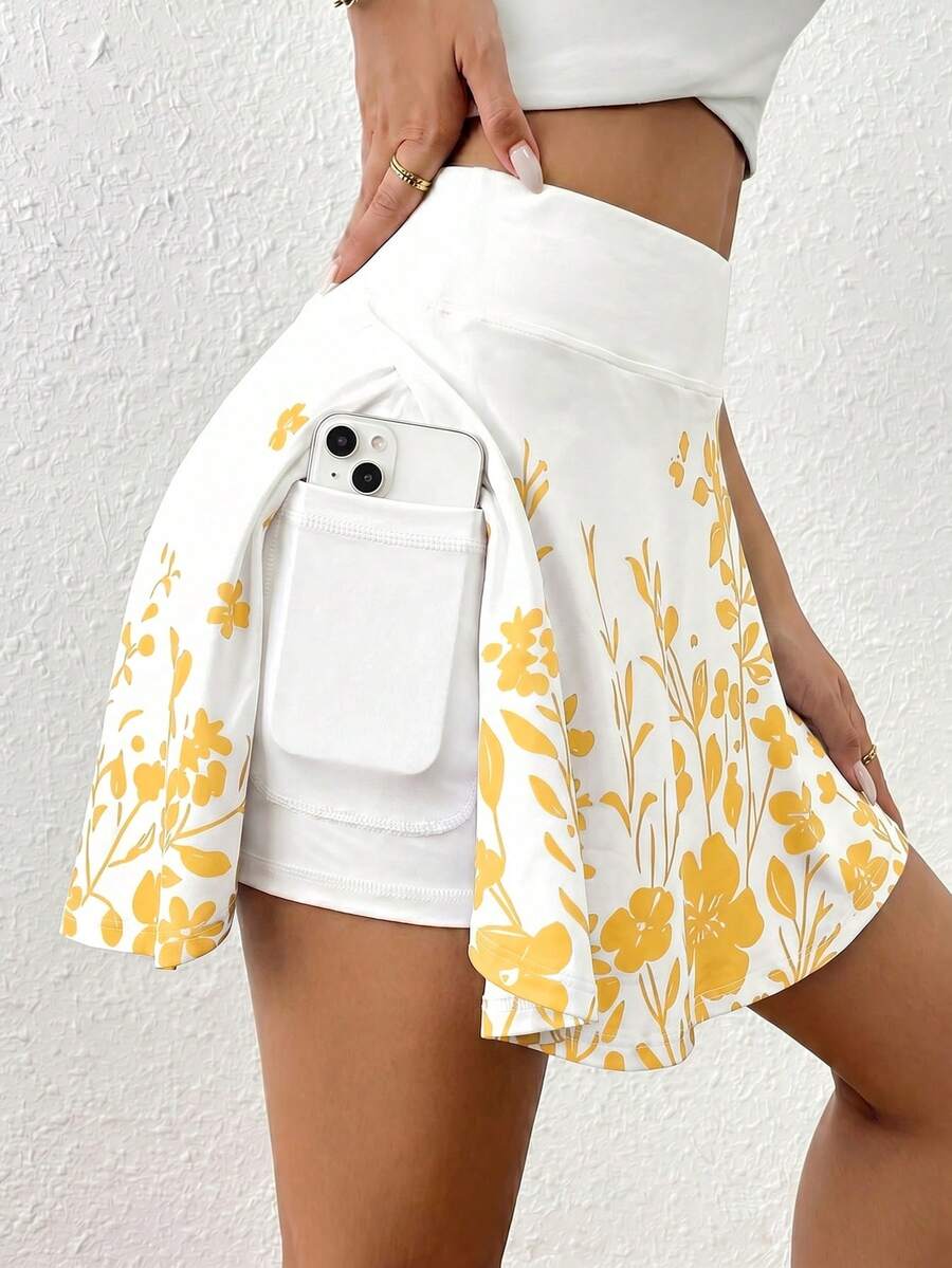 SHEIN Essnce Women's Summer High Waist Skort With Phone Pocket Minimalist Flower Printed With Pockets - Yellow - View 1