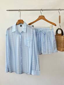 Elamini Women's Blue & White Print Long Sleeve Top And Shorts 2 Pieces Set - Blue - View 1