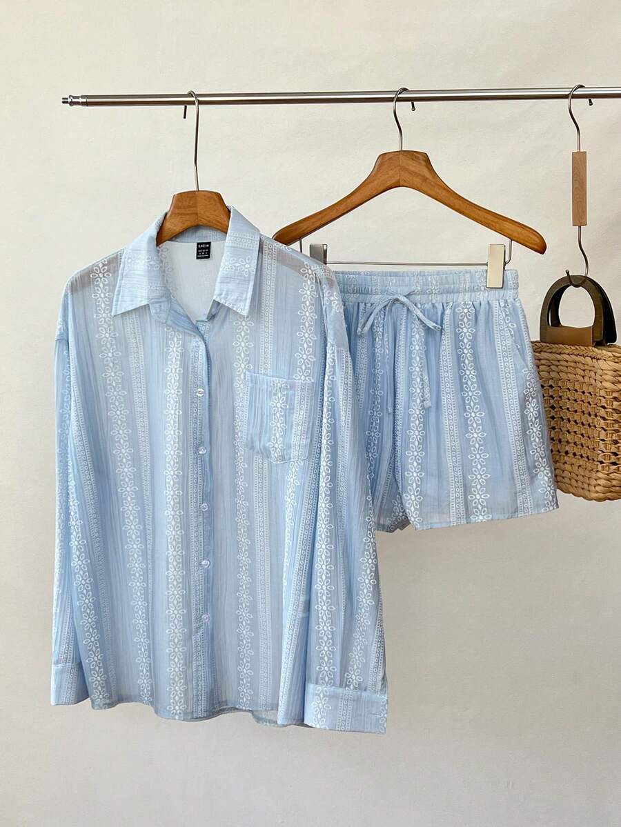 Elamini Women's Blue & White Print Long Sleeve Top And Shorts 2 Pieces Set - Blue - View 1