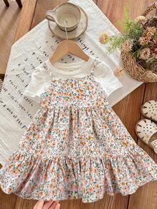 Bộ váy hai dây họa tiết hoa nhí dễ thương cho bé gái mùa hè và áo len. - Màu Hồng baby - Xem 4
