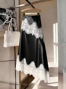 Franclia Damen Große Größen Satin Spitze Patchwork Rock, eleganter minimalistischer Rock, zarter Spitzenbesatz am Saum, geeignet für Frühling, Sommer, Herbst, Dates, Partys, Alltag Outfit, Büro - Schwarz - Übersicht 6