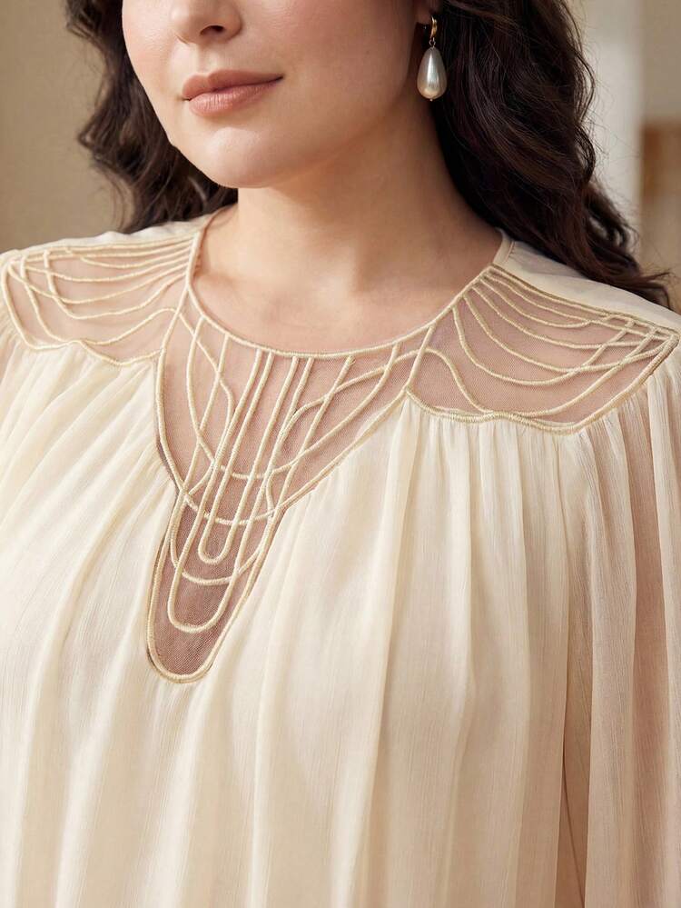 PLUS SIZE WOMEN'S CHIFFON CONTRAST MESH EMBROIDERED ROMANTIC BLOUSE, SPRING/SUMMER