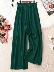 SHEIN CURVE+ Plus Size Women Casual Drawstring Waist Pants - Dark Green - View 2