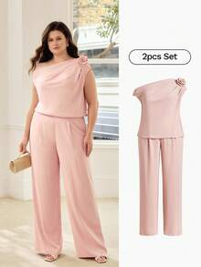 MOTF PREMIUM PLUS SIZE WOMEN SPRING/SUMMER STEREO FLORAL ASYMMETRICAL SHOULDER TOP AND PANTS SET - Dusty Pink - View 7