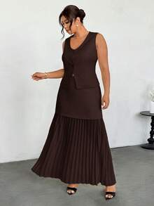 Firerie Plus Size Women Buttoned Vest Jacket And Versatile Pleated Maxi Skirt Suit Set - Coffee Brown - View 6