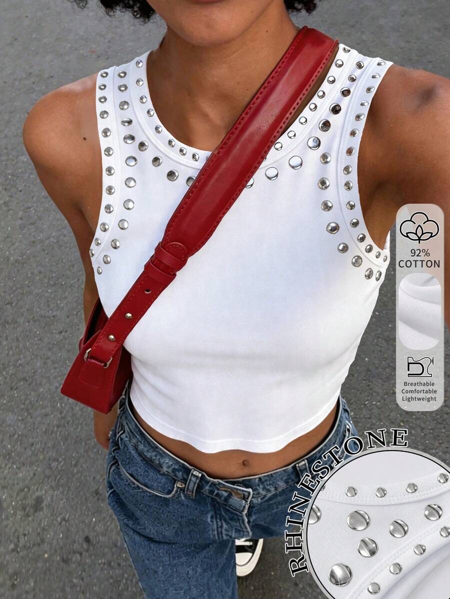 Rovax Áo tank top nữ phong cách đường phố đính sequin và sequin, áo crop top thời trang. - trắng - Xem 1