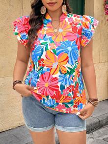 Breezaya Plus Size Women Floral Print V-Neck Ruffle Sleeve Blouse Beach Vacation White Summer Boho - Multicolor - View 5