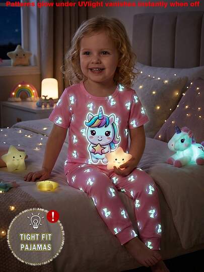 1set Young Girls Glow-In-The-Dark Cute Unicorn Print Knit Snug Fit Short Sleeve Top And Pants Pajama Set
