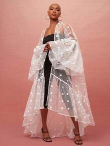 Vixey Sheer White Polka Dot Organza Ruffle Maxi Duster, Statement Top, Special Occasion, Date Dinner Night Summer Romantic Celestial - White - View 1