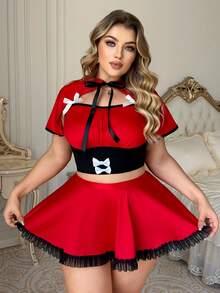 Fantasy Costume Fantasy Costume 3pcs Little Red Riding Hood Cosplay Costume Set - Cloak, Mini Skirt In Red & Black, Suitable For Party, Music Festival, Plus Size Lingerie - Red - View 3