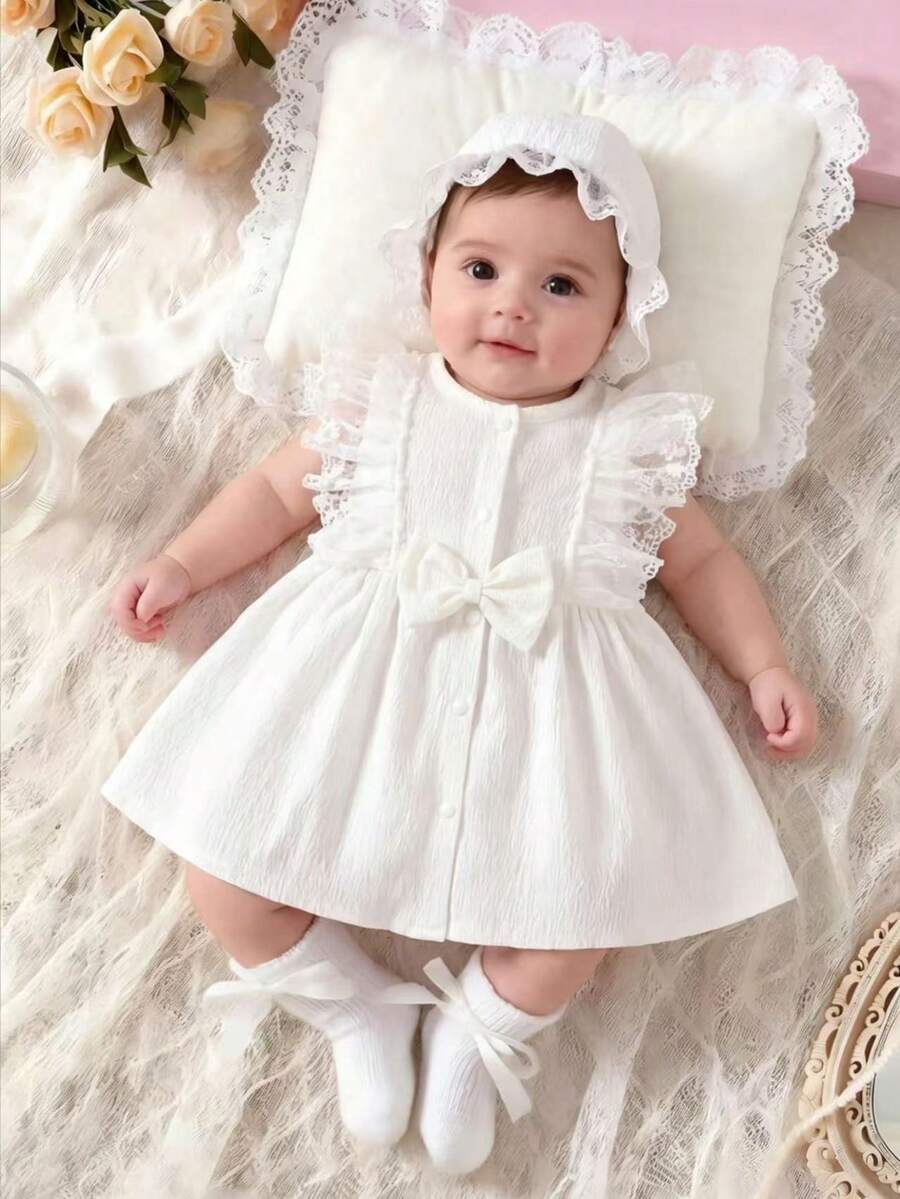 SHEIN Newborn Baby Girl White Summer Cute Elegant Baptism Dress Sleeveless Lace Ruffle Hem Princess Gown With Matching Hat 1st Birthday Party Outfits - White - View 1