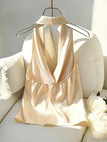 SHEIN Franclia 女士新款法式郁金香印花垂褶领无袖衬衫 - 黃色 - 查看 2