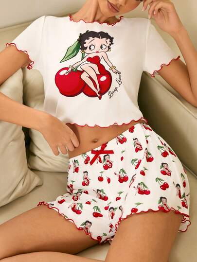 Betty Boop x SHEIN 女士卡通印花露脐上衣和短裤睡衣套装