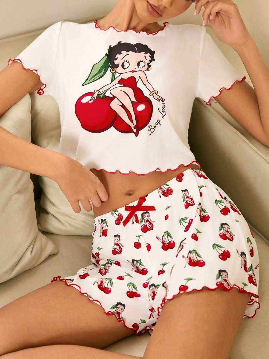 Betty Boop x SHEIN Bộ đồ ngủ nữ in hình hoạt hình gồm áo croptop và quần short - trắng - Xem 1