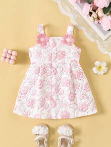 SHEIN Playful Pals 1件女嬰白色與粉色提花無袖洋裝 夏季優雅生日派對 3D玫瑰裝飾 前扣 A字版型復古洋裝 - 淺粉色 - 查看 6