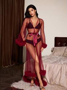 Slumberist Sexy Casual Sheer Mesh Floral Trim Sleeve Design Short Front Long Back Maxi Robe Dress Sleepwear Honeymoon Night Dark Red Summer - Burgundy - View 8