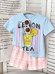 Cremeweiß & Frischgrün kariert, Inselresort Strandseiten Eiszitronen-Tee Muster, Baby Mädchen Casual Minimalist Rundhals Kurzarm T-Shirt und Shorts 2-teiliges Set, geeignet für Frühling/Sommer Alltagstragen, Street-Style, Urlaub, Farm, Resort - Verschiedenfarbig - Übersicht 5