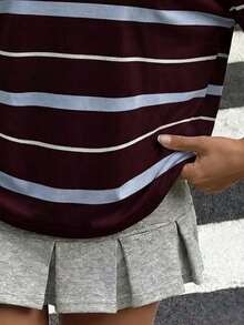 Tween Girl Retro Striped Knight Graphic Contrast Color Casual Short Sleeve T-Shirt, Comfortable And For Summer - Multicolor - View 5