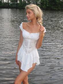 Sydney Algeri Women's White Pleated Jacquard Ruched Waist Panel Ruffle Edge Off-Shoulder Layers Flounced Hem A-Line Chiffon Mini Dress, Elegant For Party Summer - White - View 6