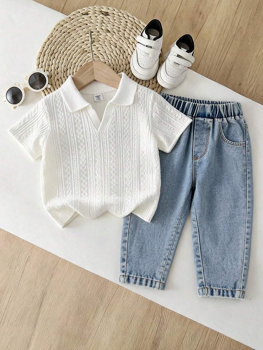 SHEIN Vintaside Kids 男婴夏季百搭休闲翻领短袖简约上衣搭配时尚水洗牛仔裤套装,适合日常穿着、家庭露营、用餐或购物 - 白色 - 查看 1