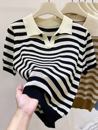 EMERY ROSE เสื้อถักขนาดใหญ่พิเศษสำหรับผู้หญิง สไตล์ลำลองสำหรับฤดูใบไม้ผลิ/ฤดูร้อน: เรียบง่าย, หลากหลาย, และเหมาะสำหรับใส่ไปทำงาน ลายทางสีขาวดำ, คอโปโลถักโครเชต์แบบโปร่งและคอวี ทรงหลวม เหมาะสำหรับฤดูใบไม้ผลิและฤดูร้อน