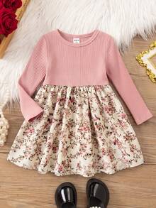 SHEIN Đầm dệt kim đơn sắc cổ tròn phối hoa cho bé gái, kiểu dáng thường ngày. - Nhiều màu - Xem 4