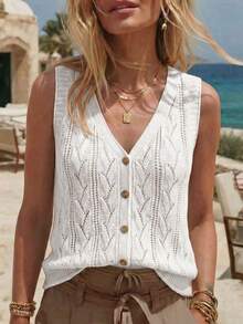 SHEIN Holidaya Women's Ivory Openwork Knit Vest,Summer V-Neck Sleeveless Leaf Pattern Button Front Knit Top,Ribbed Hem Vintage Casual Style Gift For Mother - White - View 7