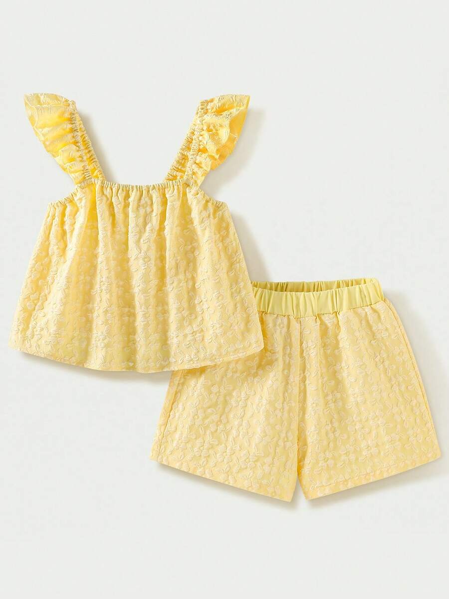 Casuvi Kids 少女清新亮丽的奶油黄方领短袖提花背心短裤两件套,甜美百搭休闲装 - 黃色 - 查看 1
