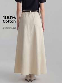 Ontre Falda midi de línea A minimalista de color albaricoque para mujer, primavera/verano 2026, uso diario casual, estilo minimalista retro, para ir a la ciudad, elegancia sencilla - Albaricoque - Ver 4