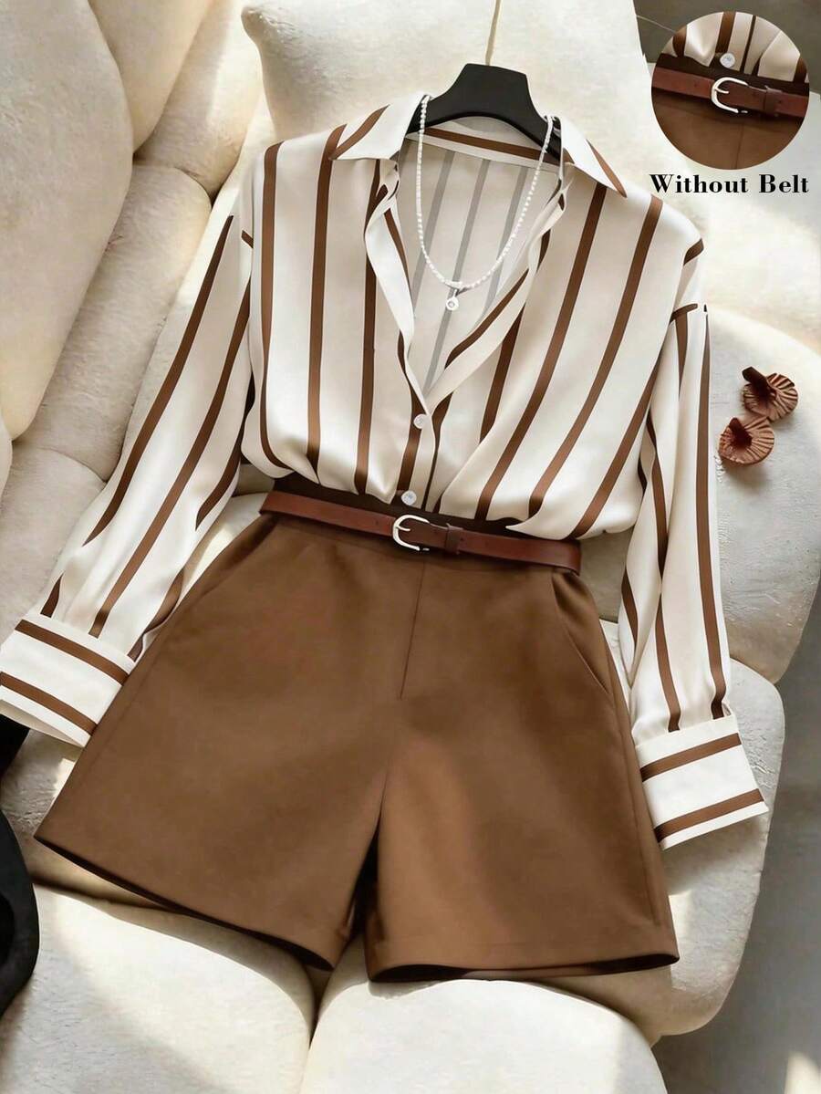Franclia Bộ đồ nữ gồm áo sơ mi kẻ sọc dáng rộng và quần short cạp cao màu xanh navy, trang phục tối giản nhưng thanh lịch cho mùa xuân/hè. - Cà phê nâu - Xem 1