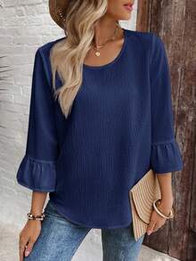 EMERY ROSE Women's Solid Color Round Neck Pleated Casual Versatile Daily Wear Blouse - Navy Blue - View 6